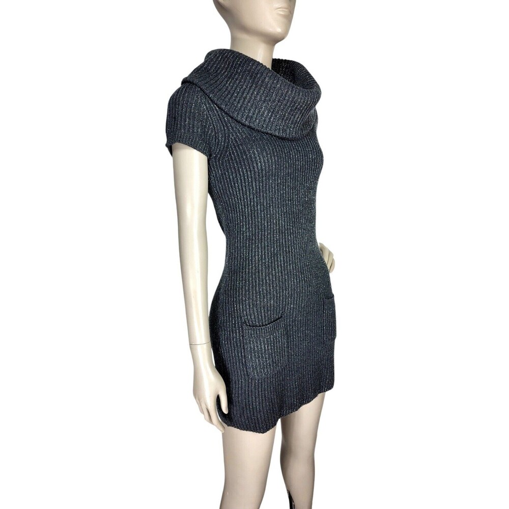 Charcoal Silver Metallic Sparkle Silk Angora Turtleneck Mini Sweater Dress Med.